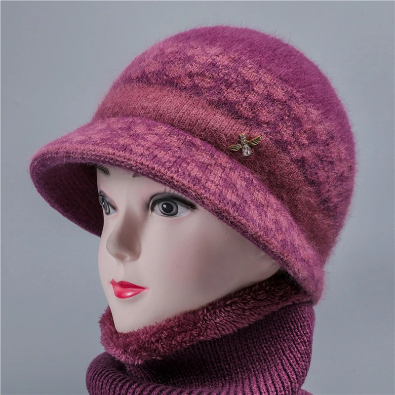 冬季中老年妈妈帽女士加绒加厚保暖护耳帽大帽檐老太太针织毛线帽