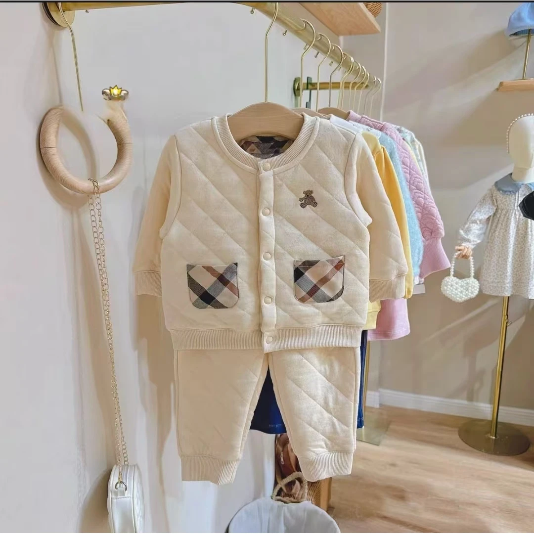 韩版24冬男女宝夹棉柔软格子套装11003