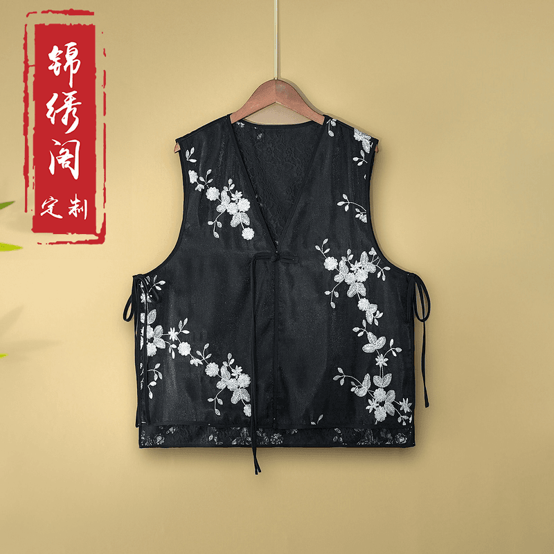 【夜菡】2024新款夏季国风上衣马甲新中式V领绣花薄款马夹外套女装