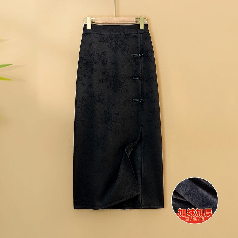 【盈梦】冬季加绒加厚松紧腰A字裙宽松国风提花保暖新中式半身裙女