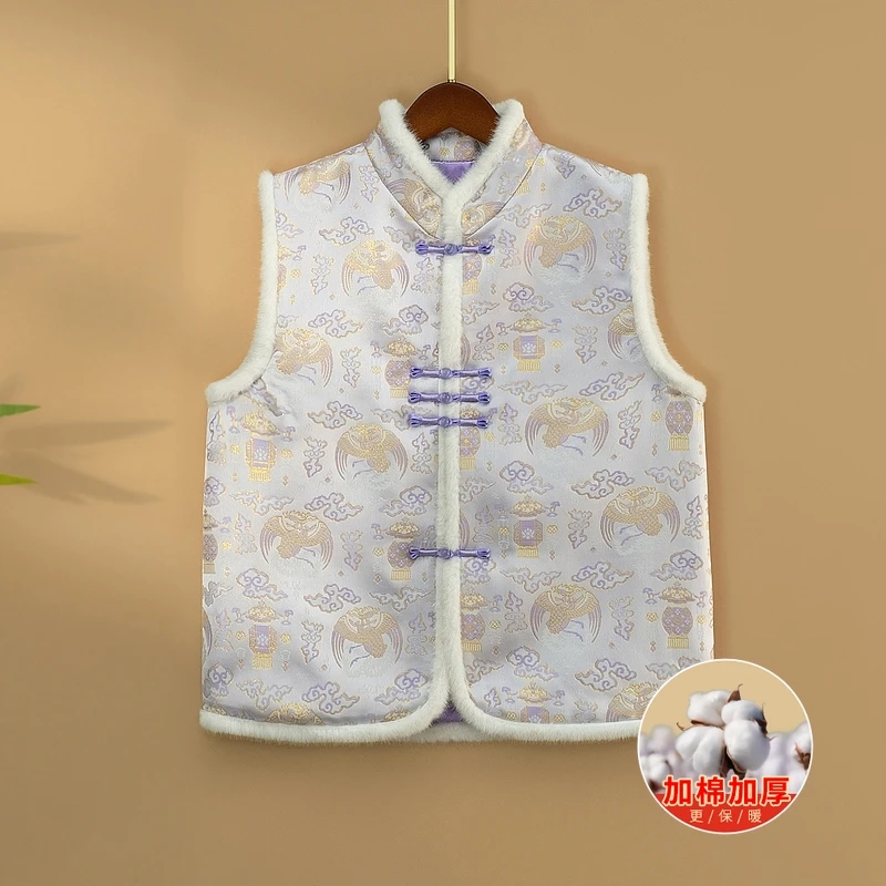 【紫羽】冬季加棉加厚上衣马甲新中式立领绣花宽松保暖毛领马夹女款