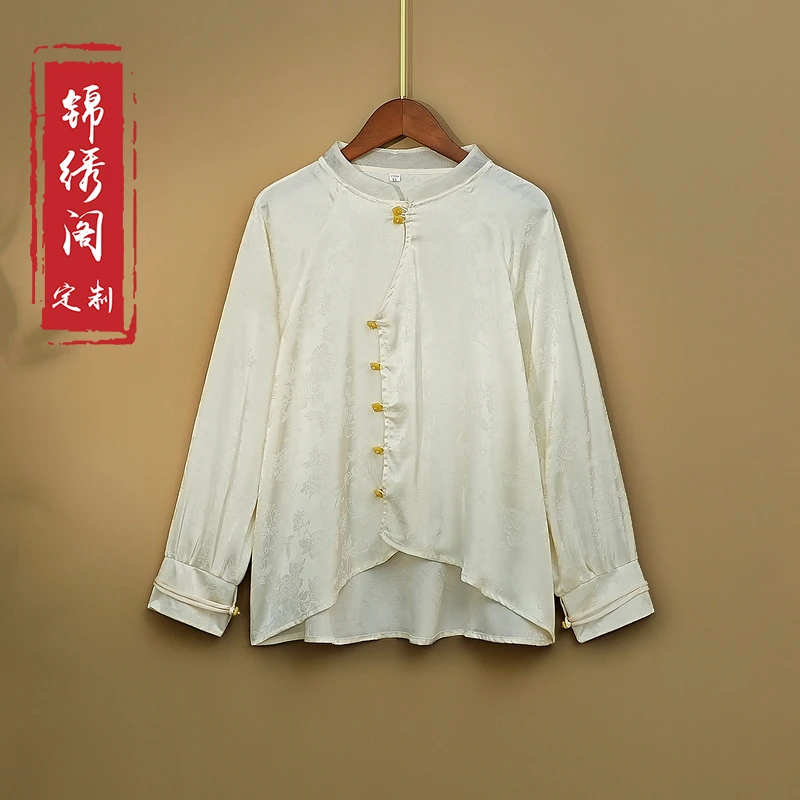 【羽夕】春季新款上衣小衫女装新中式国风立领宽松白色长袖衬衫女款
