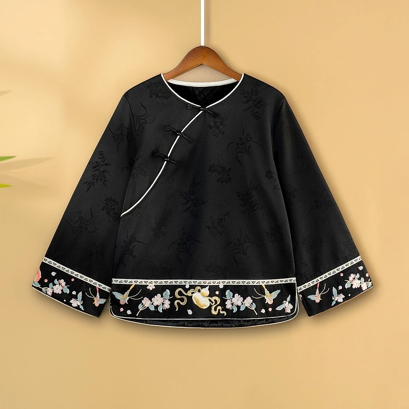 【辰禄】2024新款冬季国风上衣新中式圆领宽松绣花加绒加厚长袖衬衫