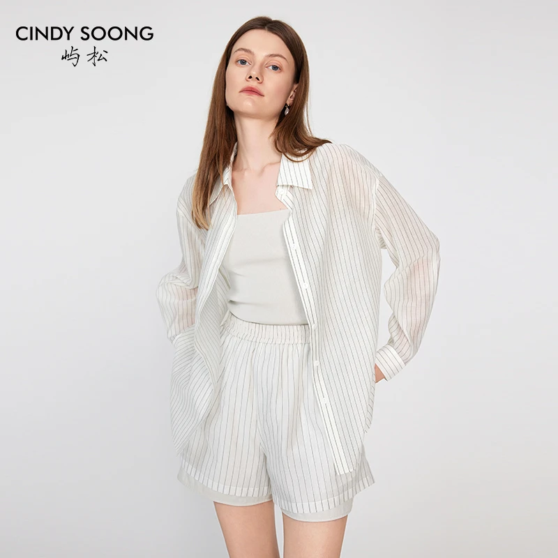 CINDYSOONG日本进口丝棉2024夏季新款条纹设计长袖衬衫女显瘦上衣