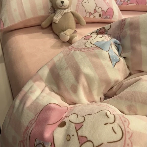 冬季粉色美乐蒂保暖牛奶绒四件套双面加厚珊瑚绒被套床单笠三件套