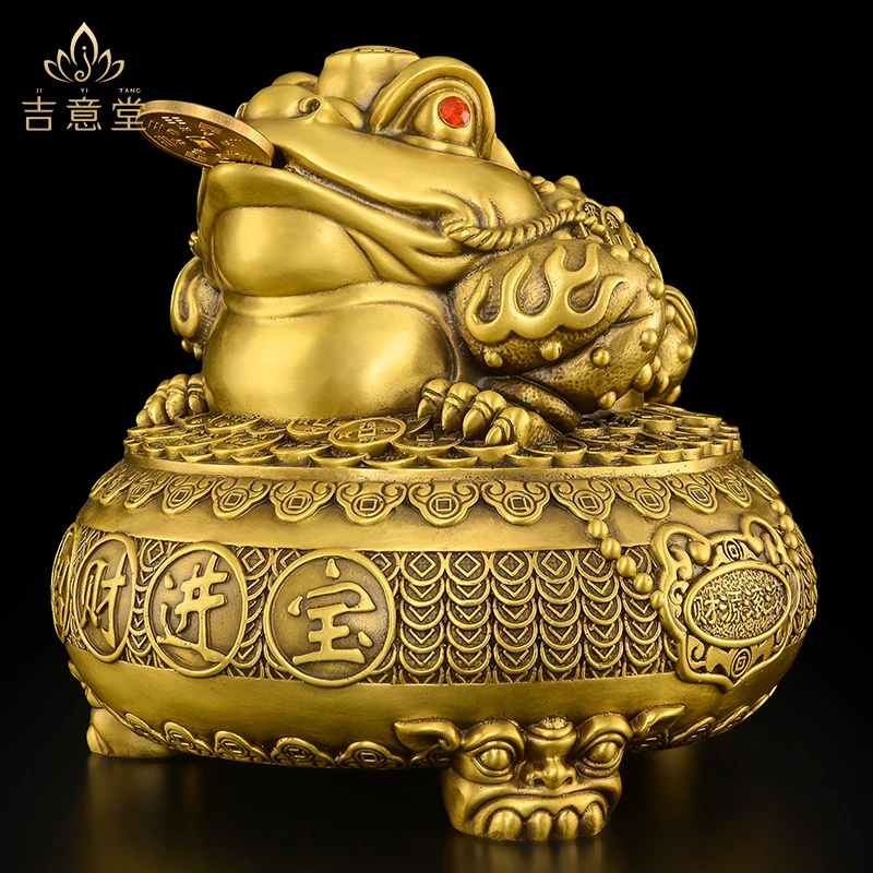 黄铜金蟾聚宝盆摆件招客厅办公室家居装饰品财位摆放大号