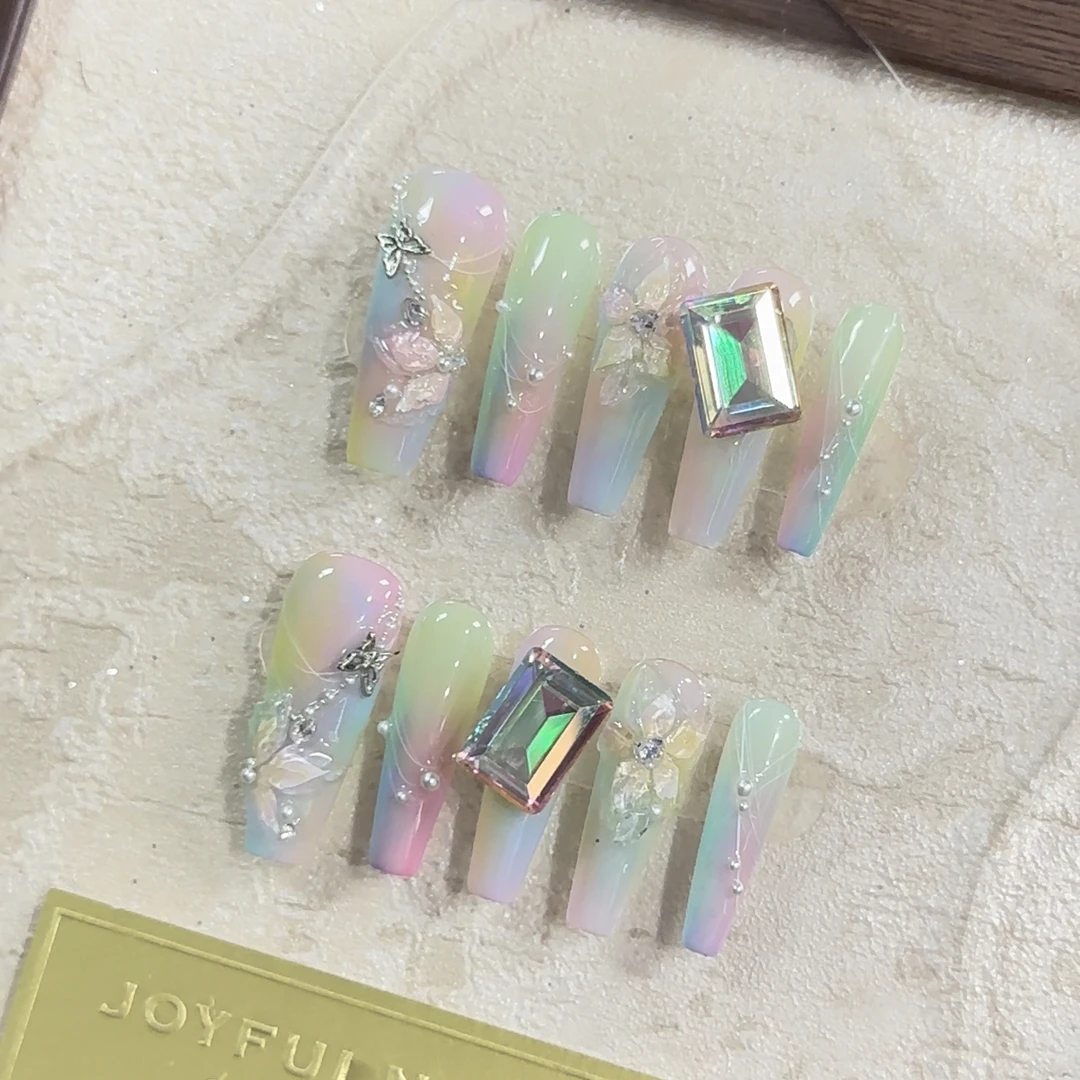 【草长莺飞】EilyNail设计师纯手工穿戴甲彩虹渐变色立体雕花美甲