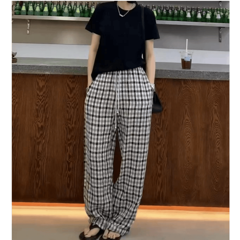 2024夏季新款大码时尚简约格子休闲裤女梨形身材胖mm宽松显瘦长裤