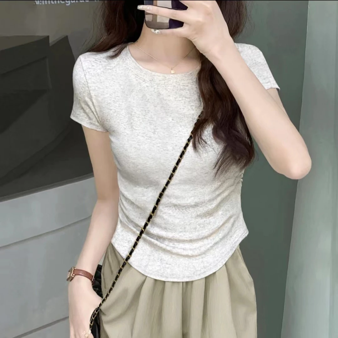 正肩短袖T恤女夏季紧身褶皱显瘦不规则设计感短款小个子上衣