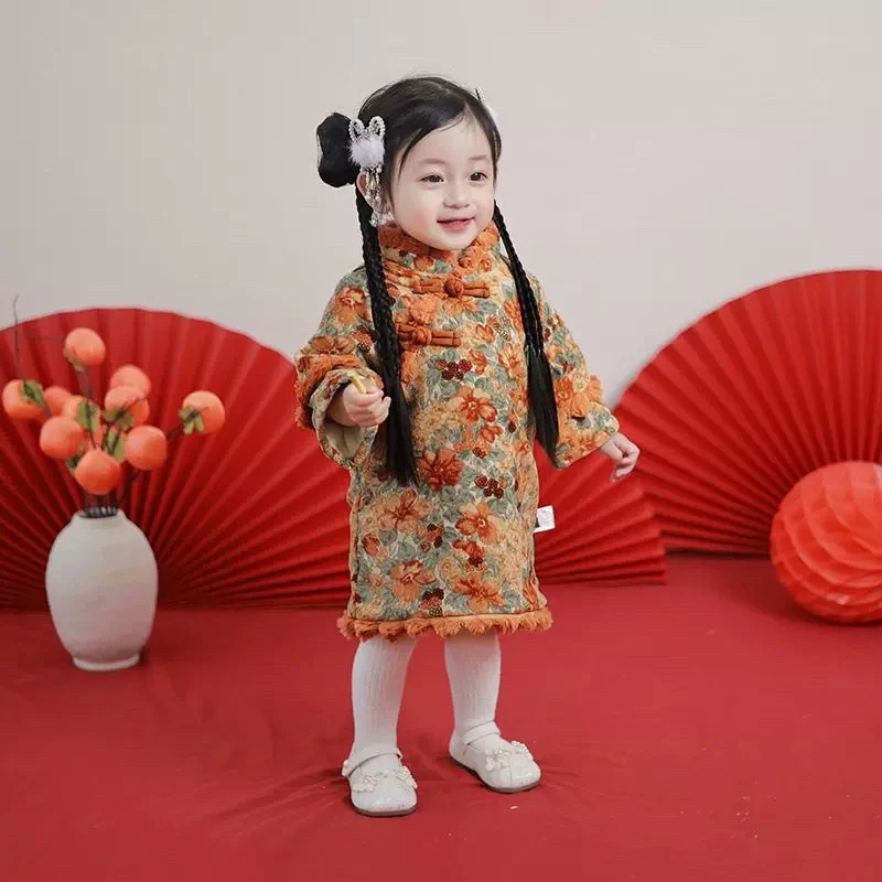 女童旗袍秋冬装新款女宝宝东北大花连衣裙加绒拜年服250225