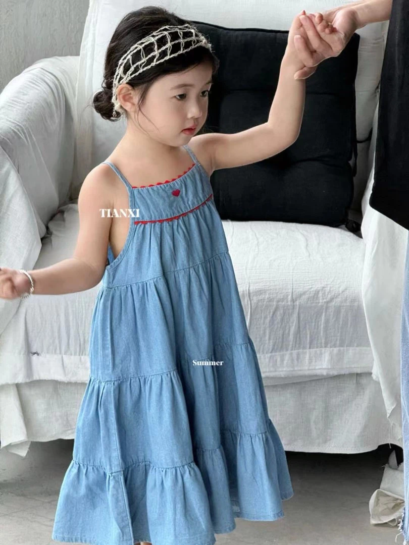 女童连衣裙2024夏季新款儿童韩版爱心刺绣吊带裙80166