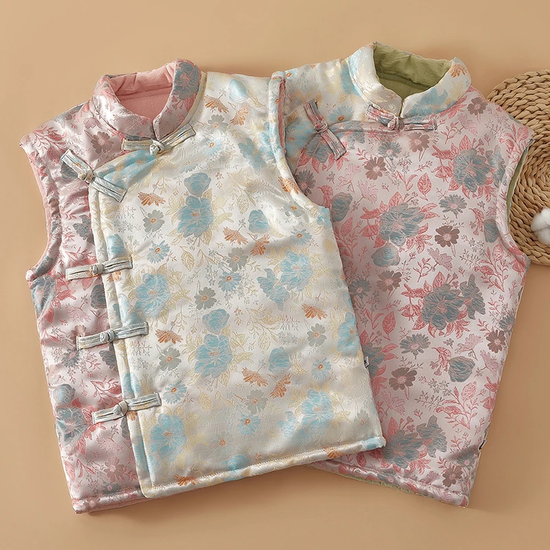 新中式斜襟盘扣国风棉花马甲女冬季加厚保暖2024新款马夹外搭唐装