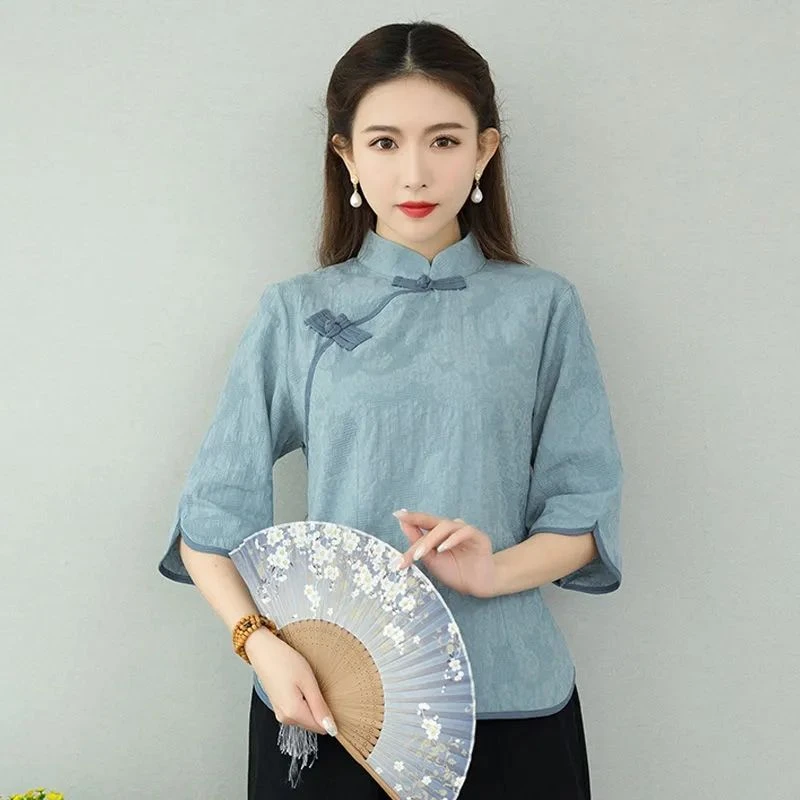 文艺复古五分袖上衣2024春夏新款中国风仿棉麻汉服禅意茶服女民族