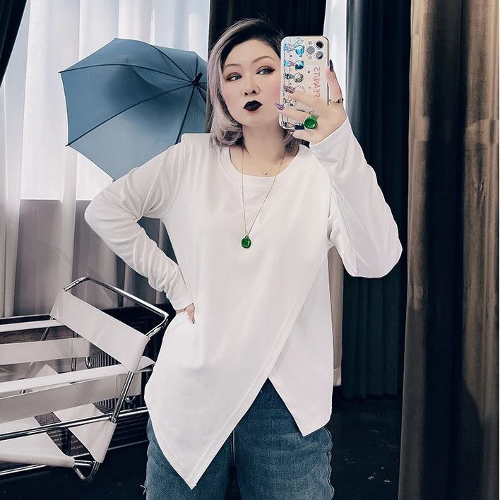 胖mm300斤大码遮肚子女装秋冬设计感长袖T恤上衣宽松不规则打底衫