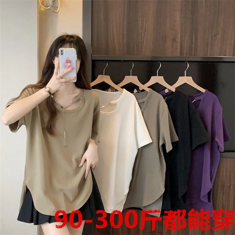 90-300斤大码女装设计感宽松显瘦t恤韩版小众韩版百搭不规则上衣
