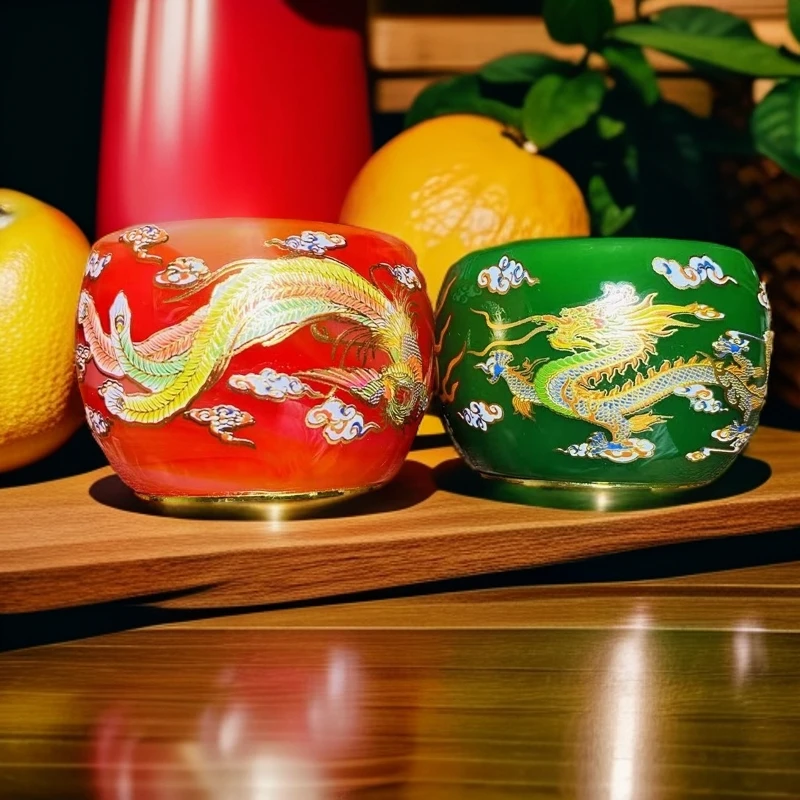 【帝王绿玛瑙红龙凤呈祥对杯】摆件精品酒杯精美茶杯家用瓷器直播