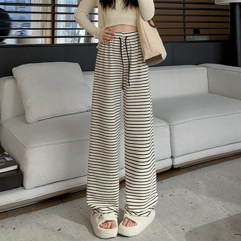 秋冬黑白条纹加绒阔腿裤女高腰垂感休闲裤软糯慵懒针织拖地长裤子