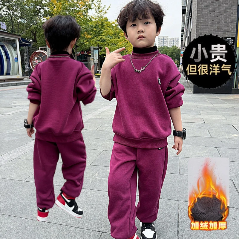 （90-160）男童中大童时尚精品中高领笑脸双标双领加绒套装加厚
