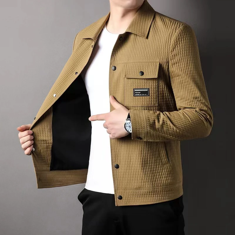 【蜂窝】华夫格春秋款亚翻领韩版潮流刺绣商务男士休闲夹克V9L57100
