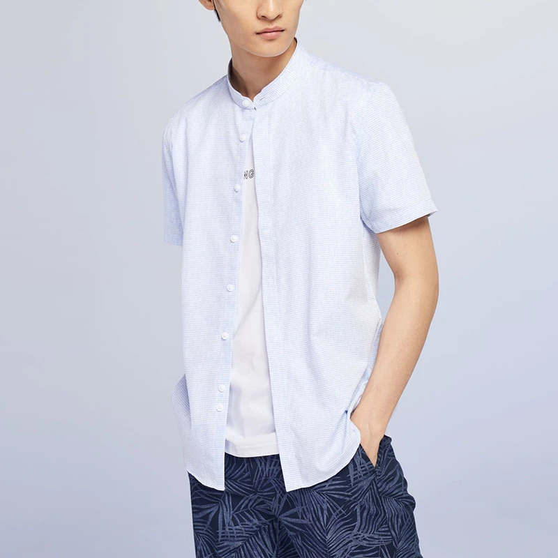 【国风立领】夏季速干竹棉！提花条纹透气短袖衬衫V2C79300