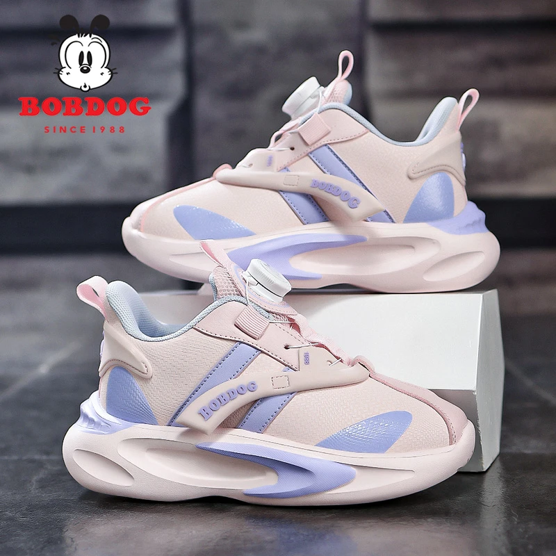 巴布豆女童运动鞋秋季旋转纽扣儿童鞋子中大童皮面防水女孩跑步鞋