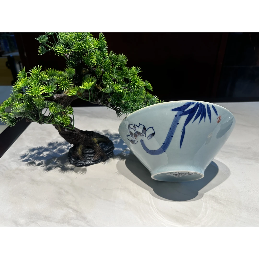 【手绘荷花喇叭碗】家用商用创意青花瓷盘子蓝色陶瓷大碗龙纹瓷碗