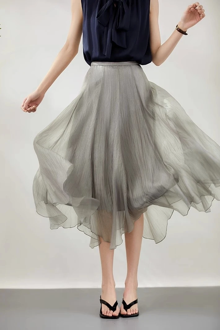 浪漫沁凉2024夏季新款气质轻熟木耳边不规则中长款春夏雪纺半身裙