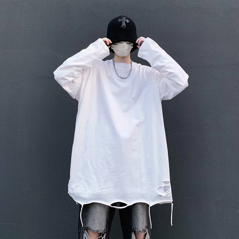 打底衫下摆破洞白色男生美式高街内搭潮破坏叠穿秋季百搭韩版宽松