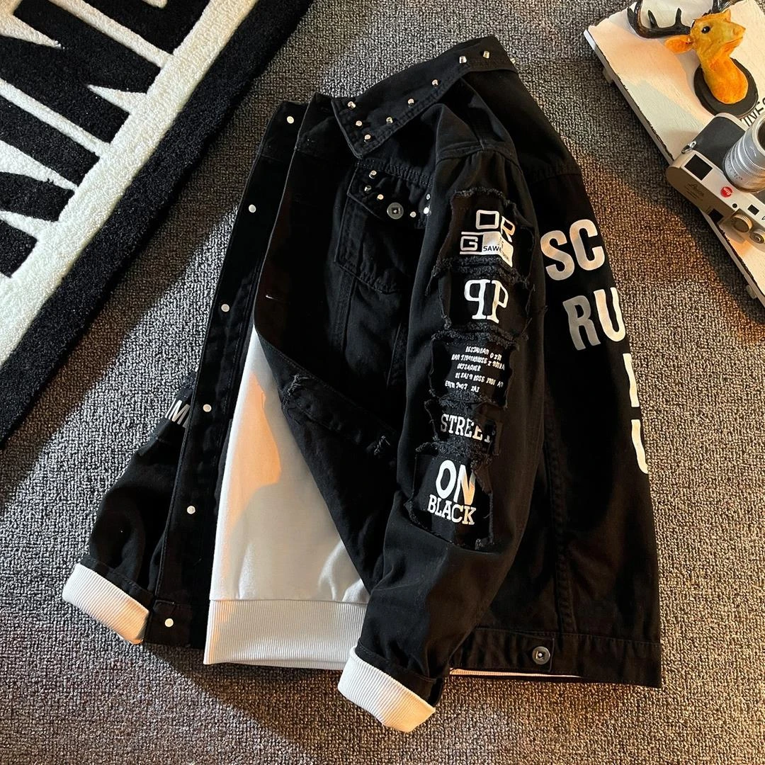 黑色牛仔外套男潮牌春季2023年新款韩版潮流痞帅百搭