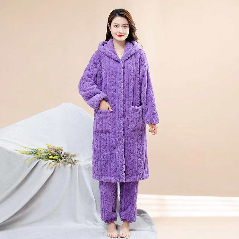 2024女士秋冬季保暖加绒加厚宽松长款可外出睡衣家居服加肥加大
