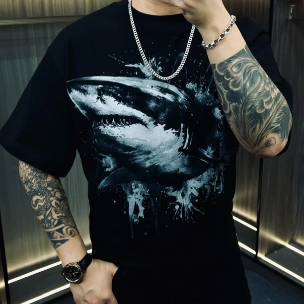 【cirekjie】纯棉轻奢美式复古个性鲨鱼大码男短袖T恤圆领宽松半袖