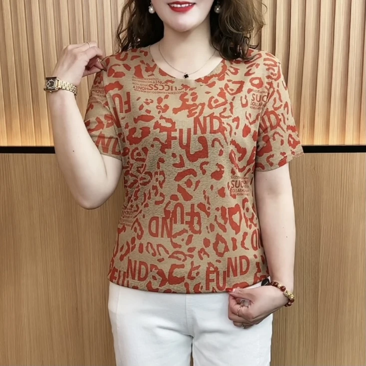 短袖T恤女时尚洋气弹力印花体恤衫中年妈妈夏装遮肉圆领显瘦上衣