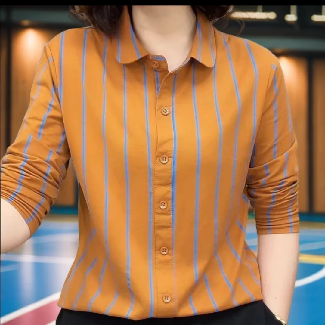2024新款春秋百搭气质显瘦遮肉条纹洋气时尚女士长袖韩版打底衬衫