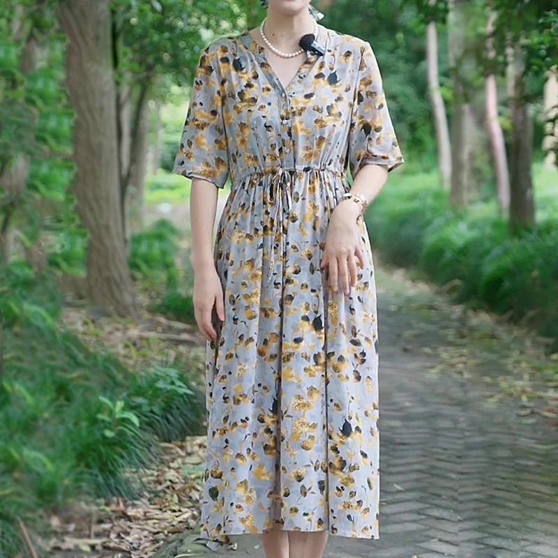【堇兰桑蚕丝】夏季真桑蚕丝复古高档印花修身V领连衣裙女YYQ22-130