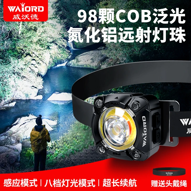 威沃德W600强光头灯感应手电筒夜钓灯钓鱼户外潜水骑行帽夹灯【】