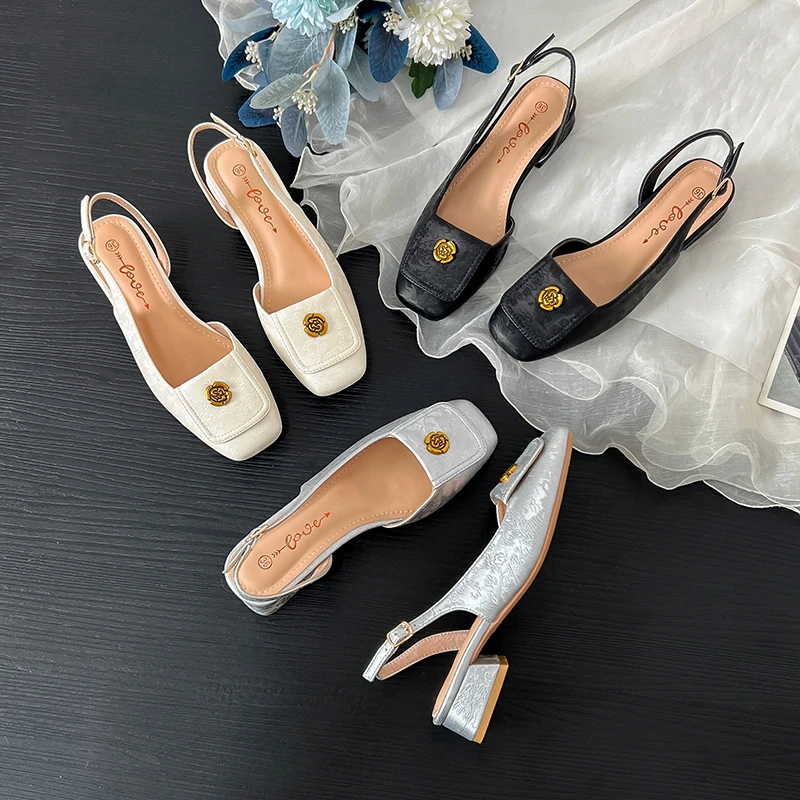 仙女风2024夏季新款包头凉鞋新国风气质方头浅口粗跟时尚百搭女鞋