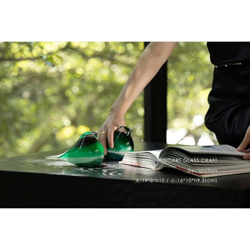 若奈家居 文房藏品威尼斯琉璃“翠鸟”人工吹制一对镇纸摆件玄关