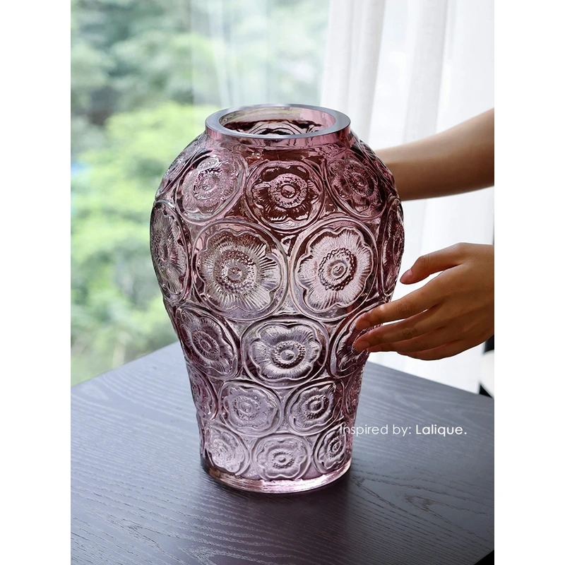 若奈法国浮雕琉璃“藏品银莲”Lalique莱*丽绛紫色水晶感中古花瓶