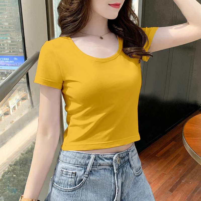 黄色短款t恤女装2025新款短袖修身夏季设计感小众高腰露脐上衣ins