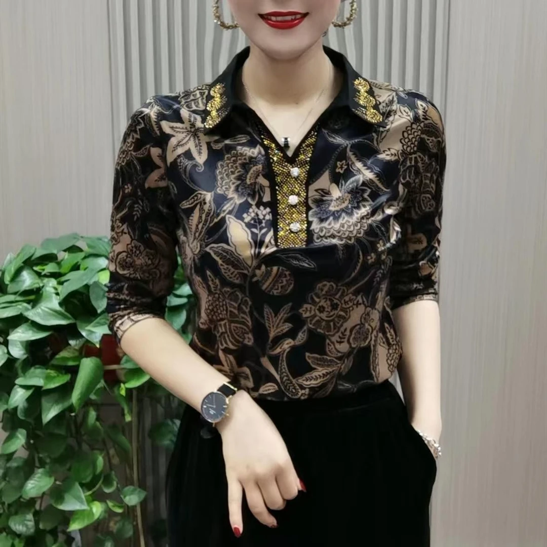 时尚妈妈装春秋新款衬衫烫钻气质显瘦上衣镶钻洋气长袖打底小衫