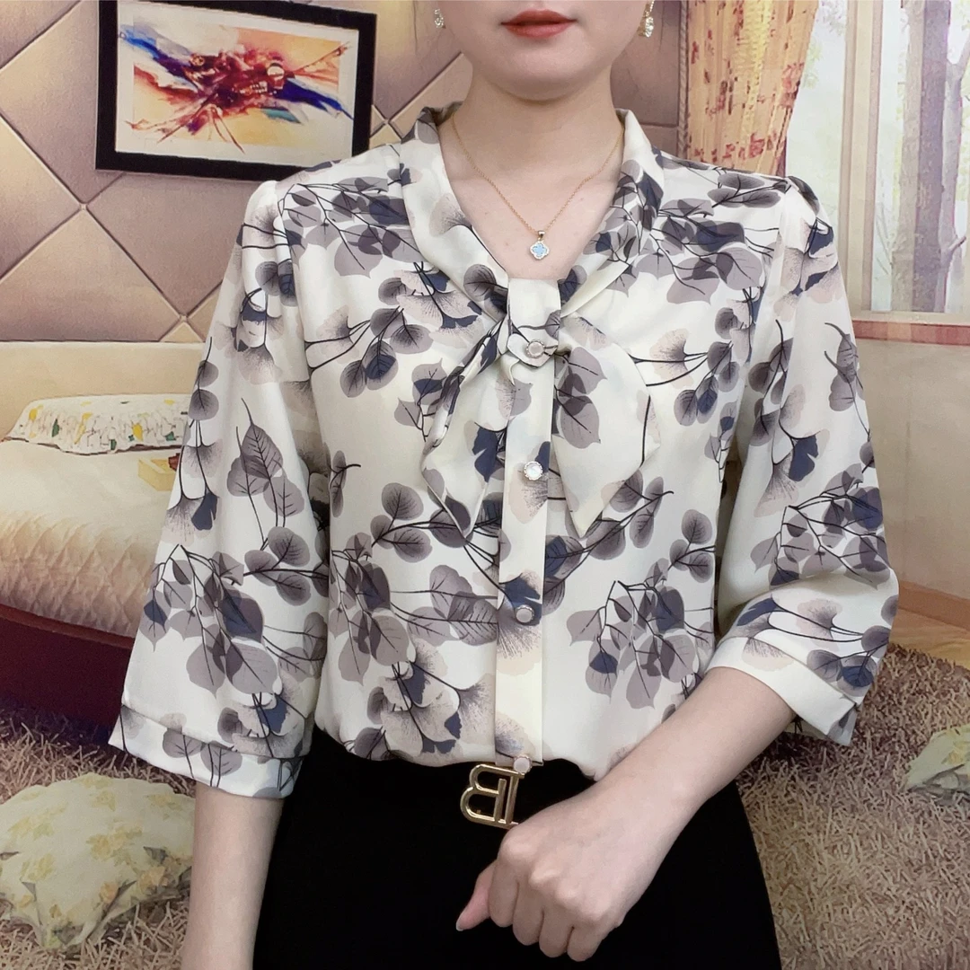 春夏妈妈装显瘦洋气新款中年妇女衬衣中老年女装七分袖衬衫上衣