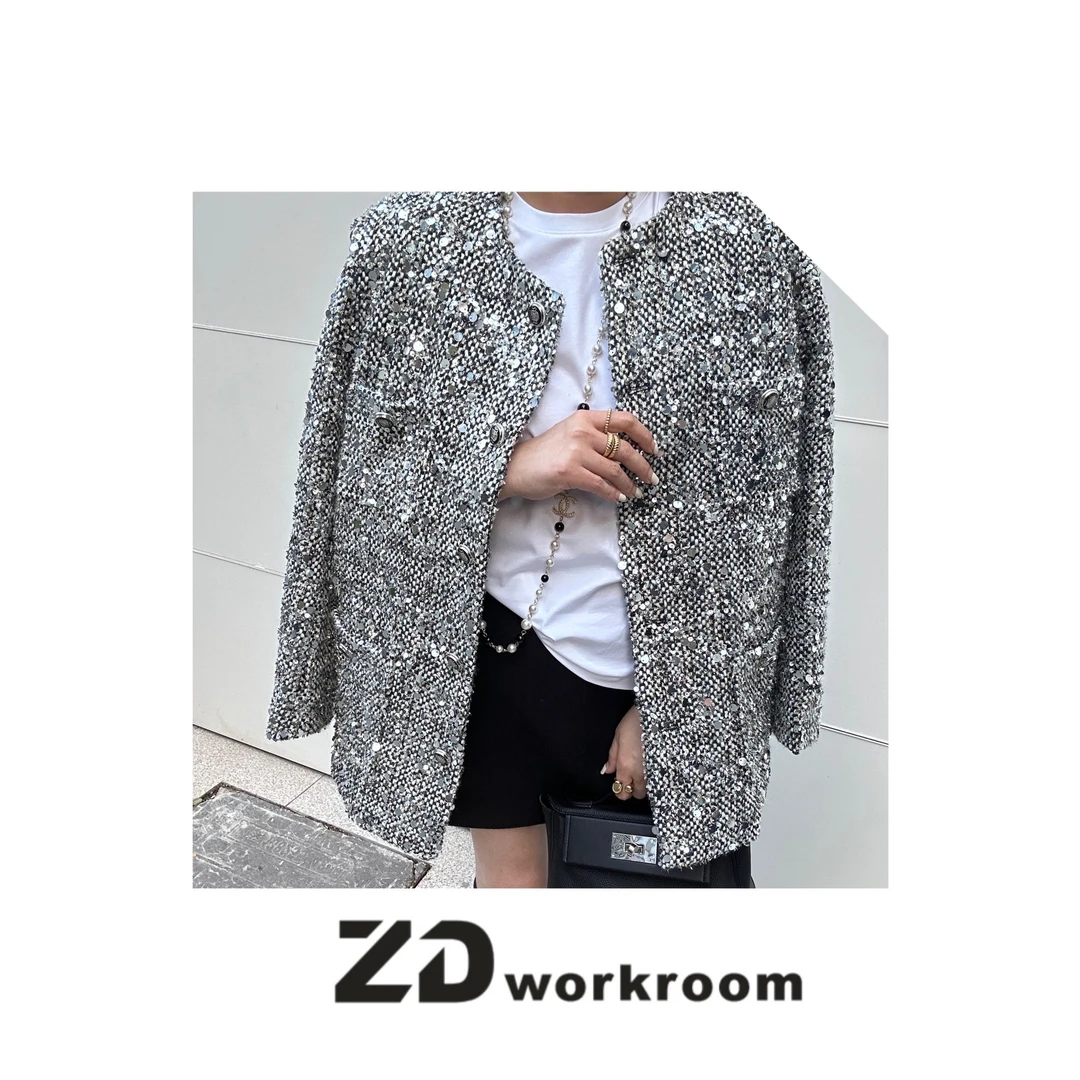 【Z.D/WORKROOM】【格雷系】新年氛围感小香风银色珠片毛呢混纺外套