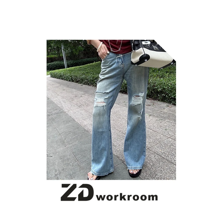 【Z.D/WORKROOM】 持续经典欧美街头做旧重工洗水破洞直筒喇叭裤