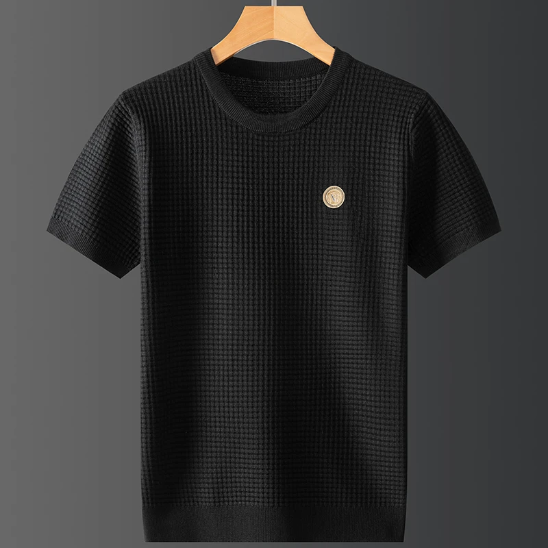 2023秋冬季新款弹力针织短袖保暖男士百搭轻奢圆领印花时尚针织衫