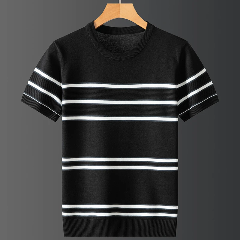 2024秋冬季爆款针织男士百搭休闲条纹圆领抗起球短袖保暖时尚线衣