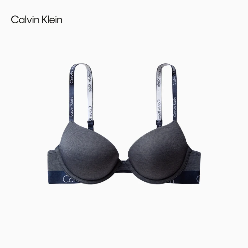 CK女内衣舒适透气LOGO肩带聚拢塑形深V光面简约无痕灰文胸QP1039A