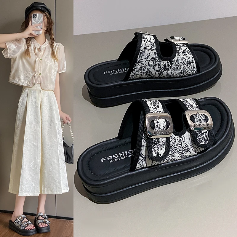 新款时尚国风款百搭外穿一字拖鞋中式网红厚底防滑凉拖鞋2024年夏
