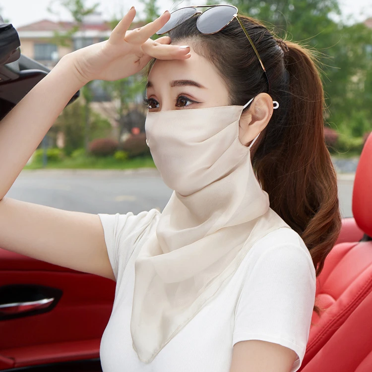 桑蚕丝真丝夏季防晒面罩护颈骑行面纱薄款透气丝巾遮脸口罩女舒适