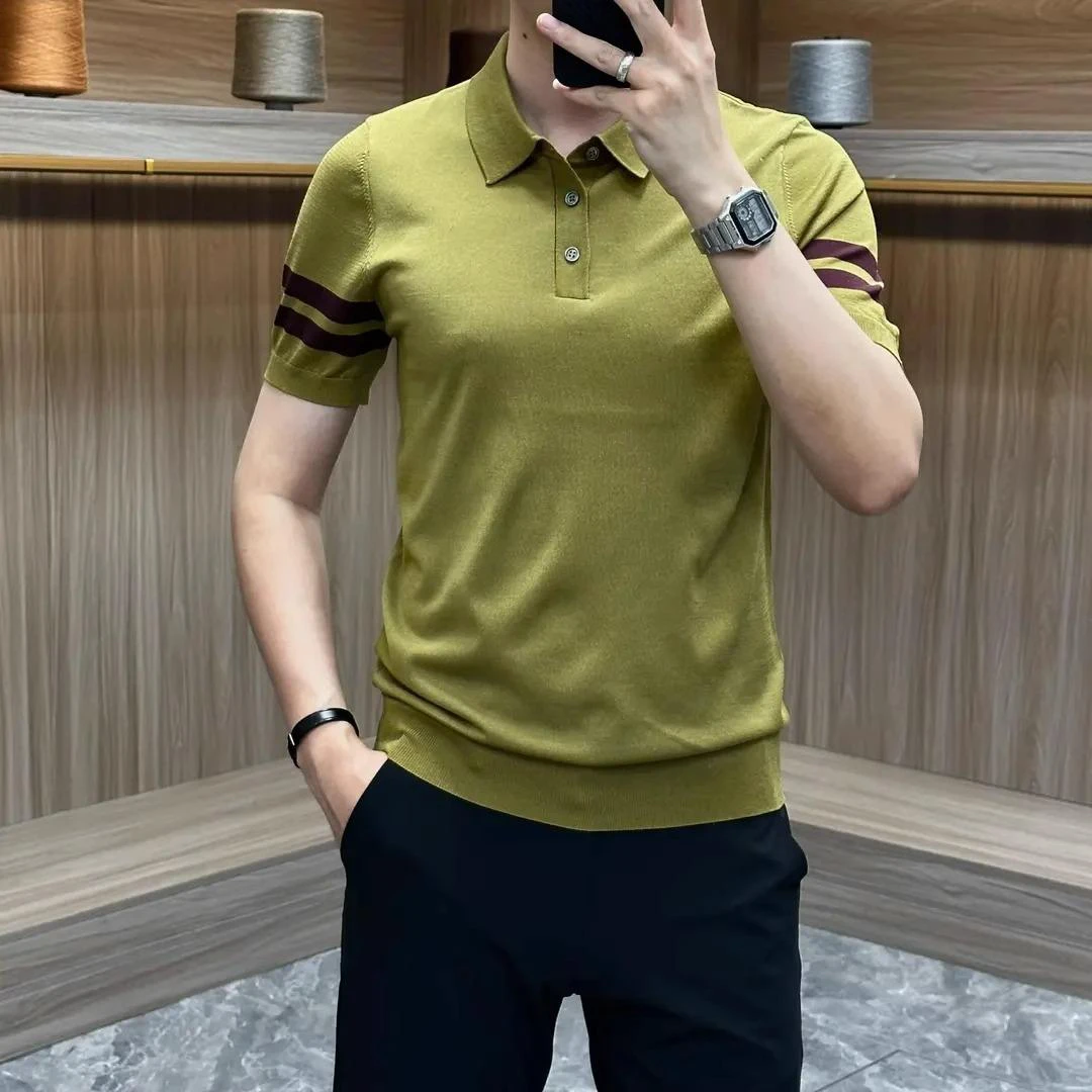新款男士时尚条纹针织冰丝短袖轻奢商务百搭翻领t恤薄款polo衫