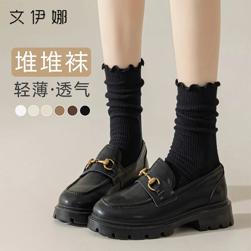 文伊娜黑色木耳花边泡泡袜女夏天配小皮鞋乐福鞋袜子春夏季中筒袜